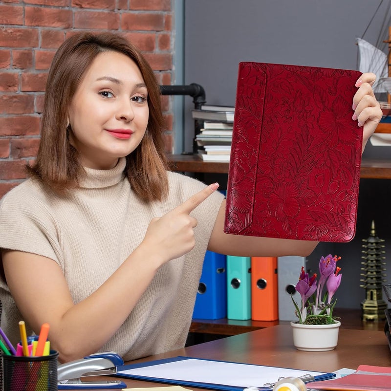 Wekinor Vintage Red Embossed Planner Binder,Padfolio for Women,Leather Binder 3 Ring,A4 PU Leather Portfolio,Legal Size Padfolio,Business Portfolio for Women - Image 2